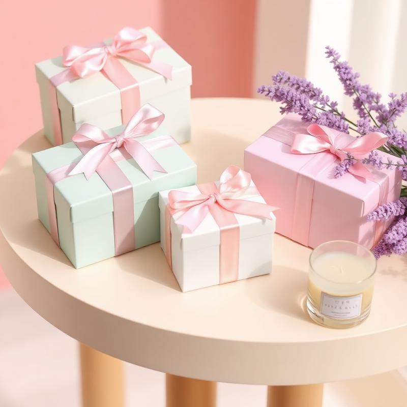 Pastel gift boxes and candle packaging